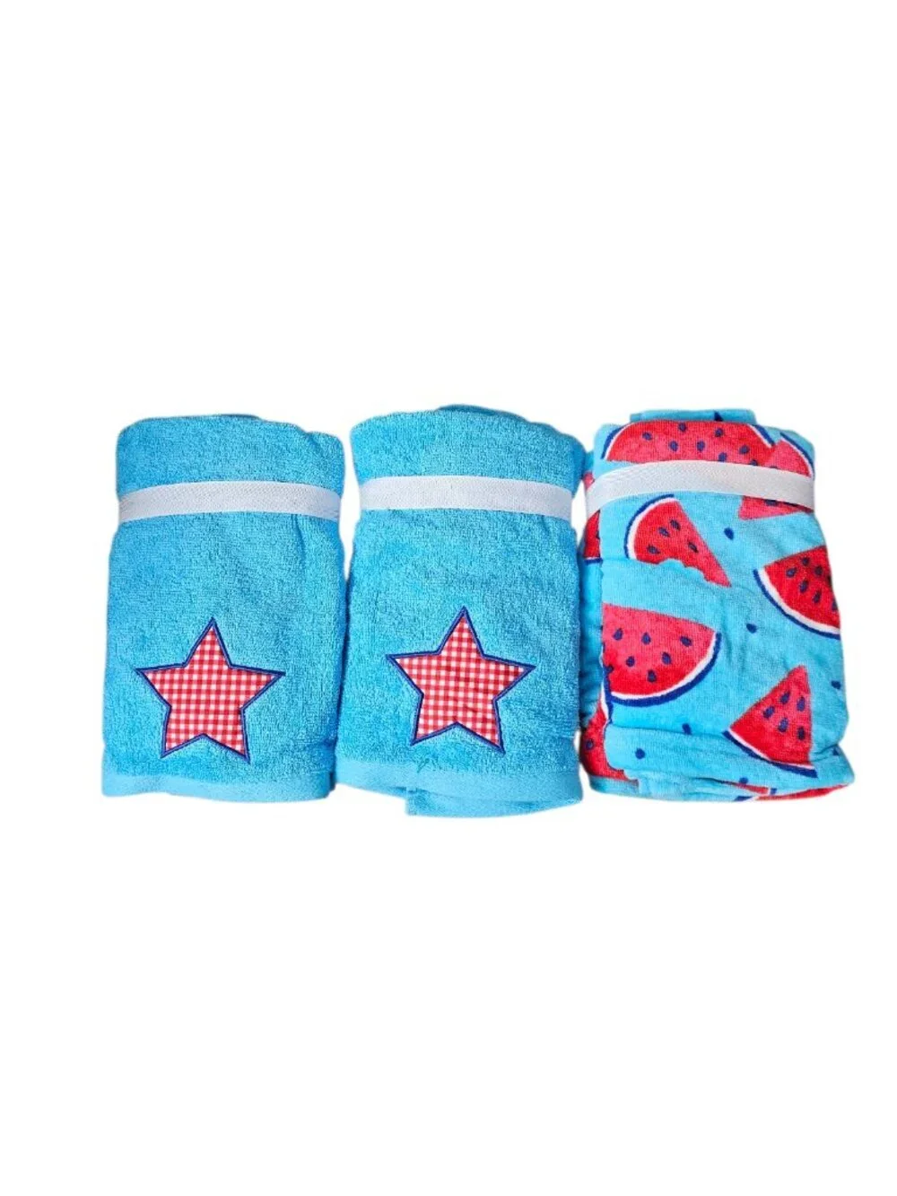 Deborah Connolly Hand Towels Blue Embroidered Star Red Plaid Watermelon New 6pc